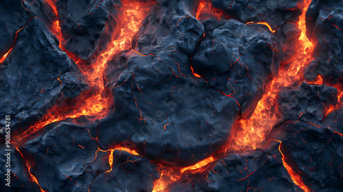 Close up a volcanic area, Jagged rocks and flowing lava streams