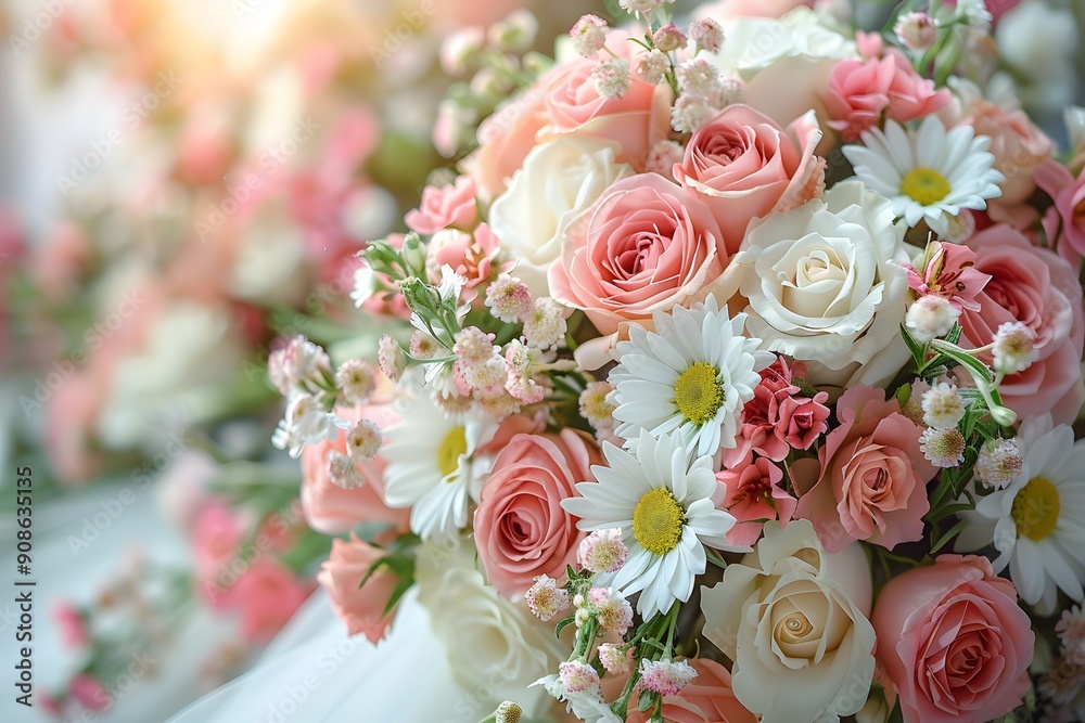 Obraz premium Elegant Floral Bouquet of Pink and White Roses, Daisies, and Baby s Breath - Perfect for Weddings or Celebrations