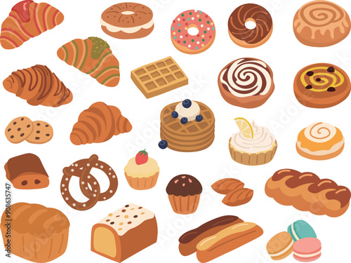 Bakery, pastry, cake isometric flat icon collection. 20+ breakfast food vector illustration	
