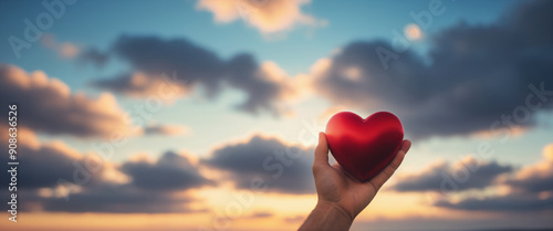 A hand holding a red heart in front of a cloudy sky. The heart is the main focus of the image, and the cloudy sky adds a sense of depth and atmosphere to the scene. The image conveys a feeling of love
