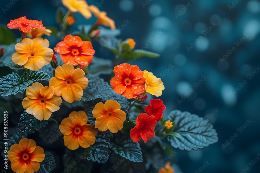 Blooming Garden Beauty: Vibrant Orange and Yellow Flowers with Dew Drops for Nature Print Design Blooming Garden Beauty: Vibrant Orange and Yellow Flowers with Dew Drops for Nature Print Design
