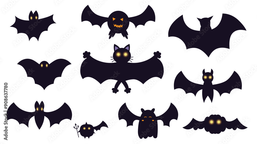 Halloween bat silhouette set isolated on white background. Spooky black horror bat graphic. Vector illustration Halloween bat silhouette set isolated on white background. Spooky black horror bat graphic. Vector illustration
