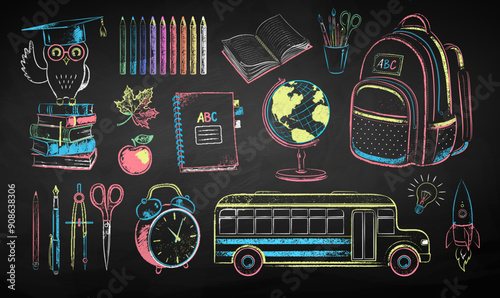 Vector color chalk drawn illustration collection of education items on chalkboard background.
