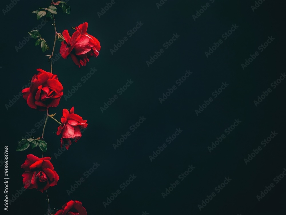 A vertical arrangement of red roses with delicate leaves on a deep, moody background, symbolizing romance and elegance. A vertical arrangement of red roses with delicate leaves on a deep, moody background, symbolizing romance and elegance.
