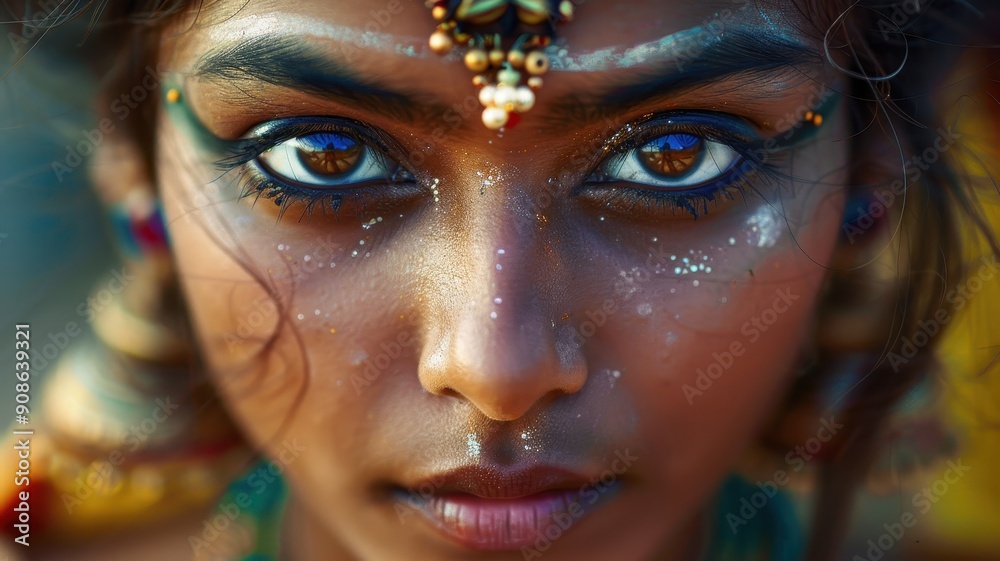 Close-up portrait of a young Indian female dancer with an expressive look, captured mid-motion, wearing traditional attire and jewelry in a vibrant studio setting. Close-up portrait of a young Indian female dancer with an expressive look, captured mid-motion, wearing traditional attire and jewelry in a vibrant studio setting.
