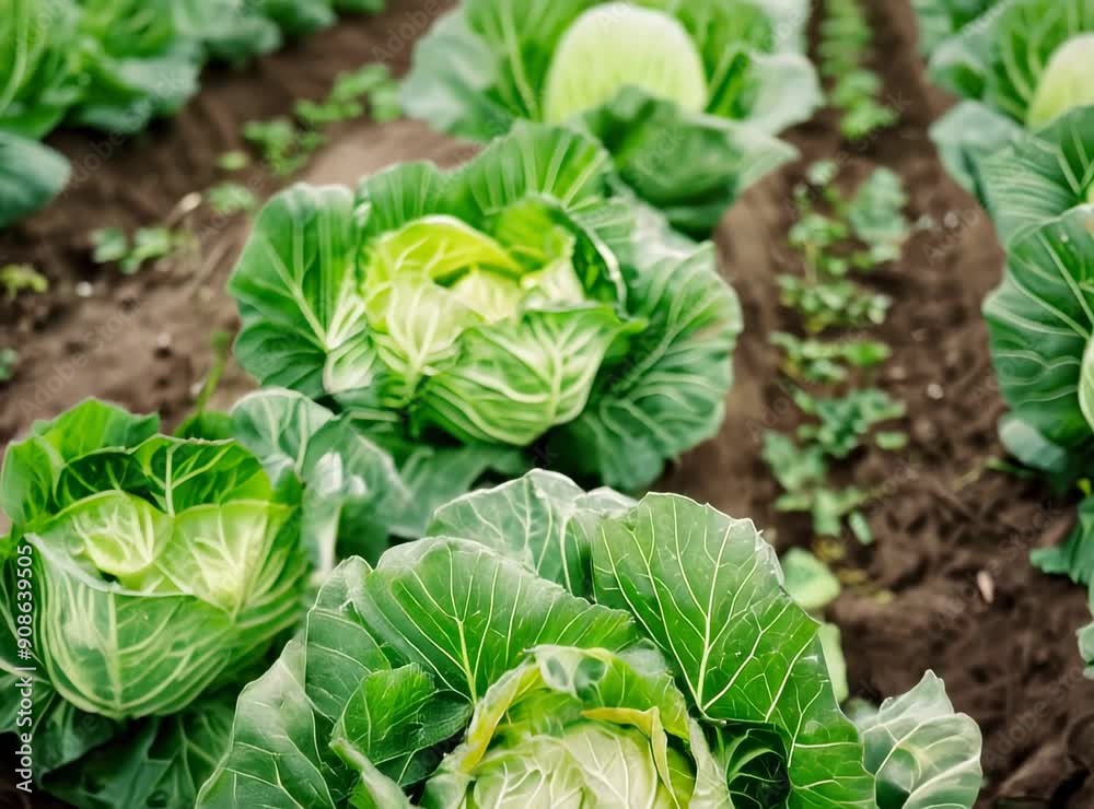 cabbage growing in the garden. fresh beautiful cabbage farm, wet 