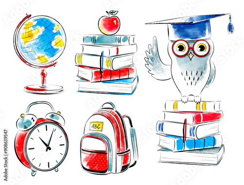 Vector set of hand drawn watercolor education illustrations