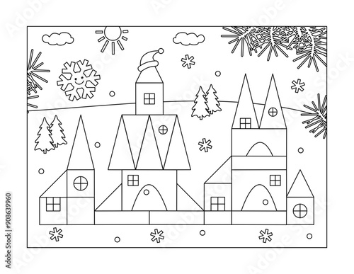 Ice palace or toy town in winter coloring page. Black and white, printable.

