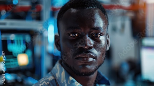 Close-up portrait of a young Hausa male engineer with a focused expression, wearing a hard hat and safety glasses, in an industrial setting with machinery in the background.