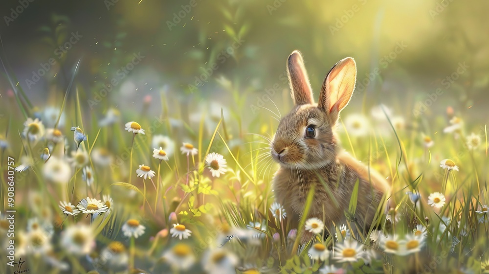Rabbit burrows hidden beneath daisy-strewn meadows, where fluffy tails and twitching noses peek out in the soft spring light Rabbit burrows hidden beneath daisy-strewn meadows, where fluffy tails and twitching noses peek out in the soft spring light