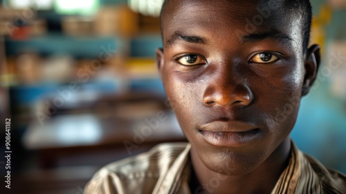 Close-up portrait of a young Igbo male teacher with a welcoming expression, standing in a classroom with students and a chalkboard in the background. photo