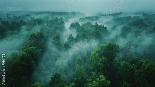 Beautiful aerial shot of a forest enveloped in creepy mist and fog, AI Generative