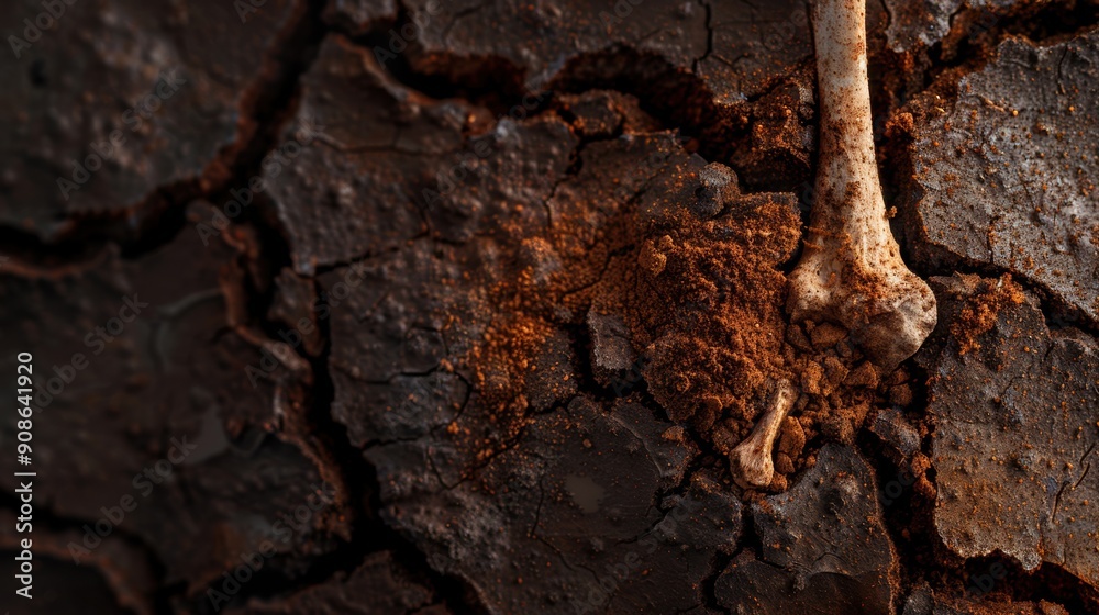 A skeleton is sticking out of the ground in a rocky area A skeleton is sticking out of the ground in a rocky area