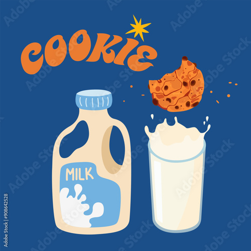 Chocolate cookies biscuit sweets with glass of milk. A packet of milk. Breakfast vector illustration design. A healthy breakfast