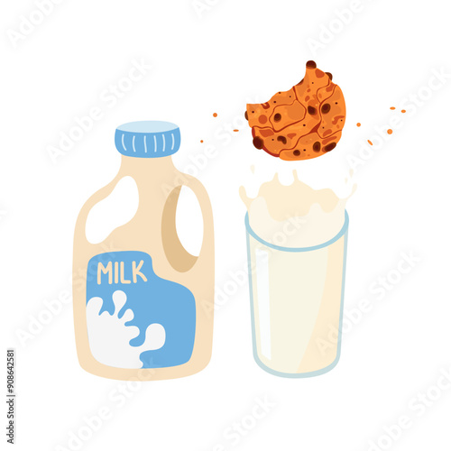 Chocolate cookies biscuit sweets with glass of milk. A packet of milk. Breakfast vector illustration design. A healthy breakfast