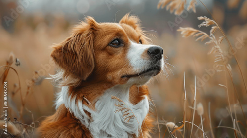 Selective focus shot of an adorable kooikerhondje dog in a field, AI Generative photo