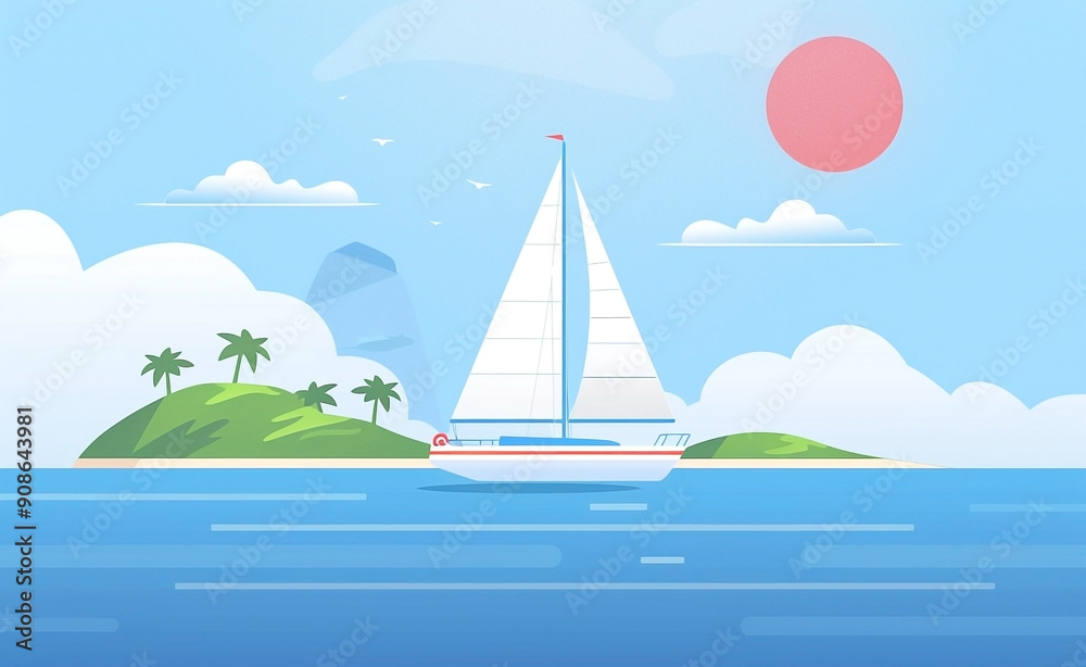 Illustration of a Sailboat on a Tranquil Sea with a Tropical Island Background Illustration of a Sailboat on a Tranquil Sea with a Tropical Island Background