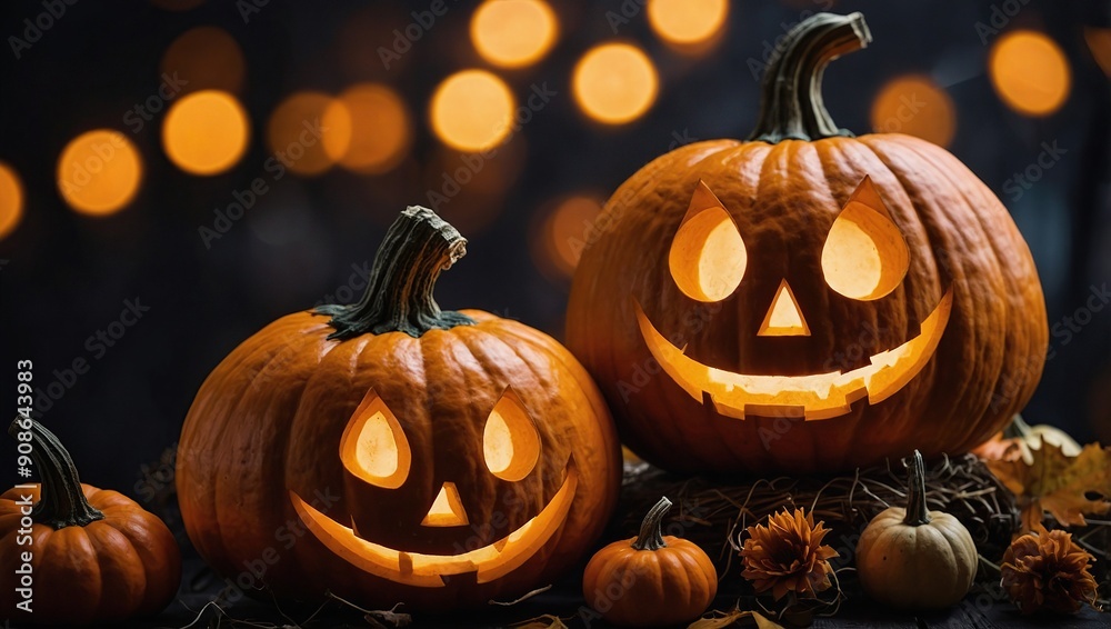 Fototapeta premium Design of realistic pumpkins with halloween faces