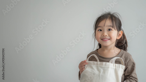 5 years old asian girl,smile,side view,carry a white canva bag,white background,full body shot, AI Generative photo