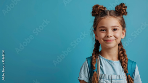 Schoolgirl smiling isolated on blue background Back to school, AI Generative photo