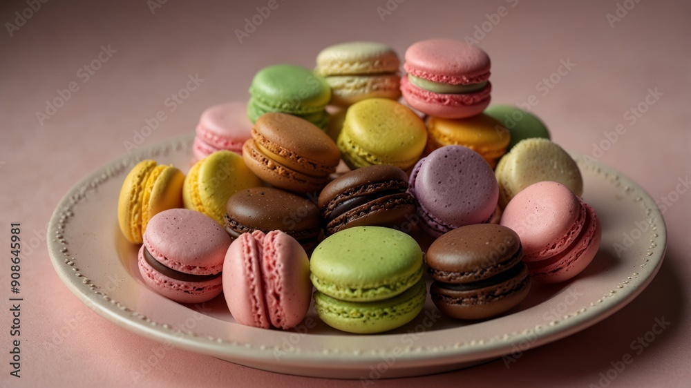 colorful macarons arranged neatly on a pastel pink ceramic plate colorful macarons arranged neatly on a pastel pink ceramic plate