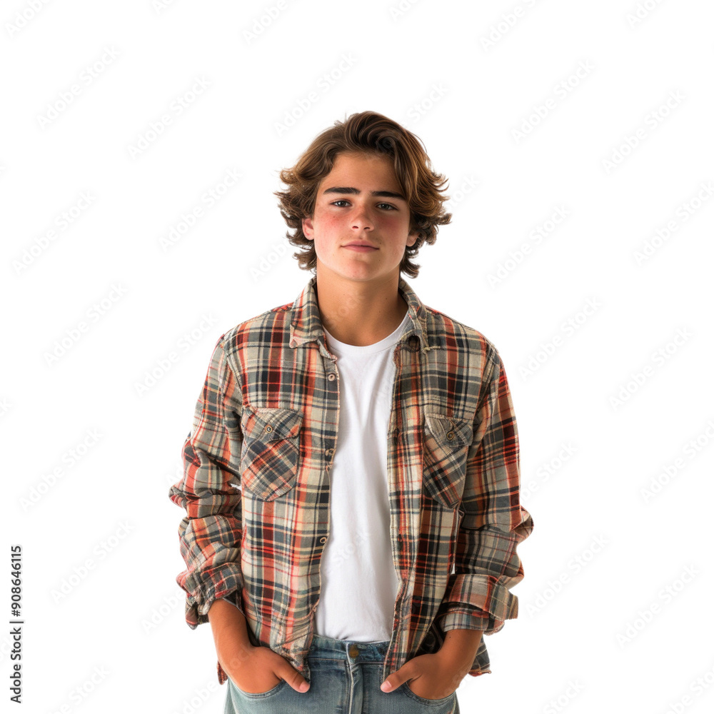 Teenage boy in casual attire. Young man with wavy hair wearing a plaid shirt over a white t-shirt and jeans, standing with hands in pockets. Suitable for lifestyle or fashion themes. Teenage boy in casual attire. Young man with wavy hair wearing a plaid shirt over a white t-shirt and jeans, standing with hands in pockets. Suitable for lifestyle or fashion themes.