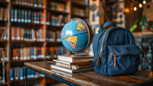 An educational scene with a dark blue school backpack, globe, AI Generative photo