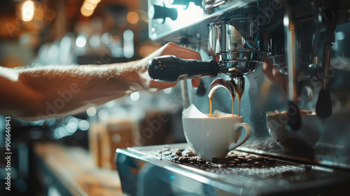 Barista using cup for coffee machine, AI Generative photo