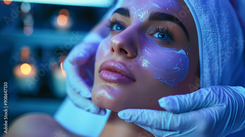 Attractive woman getting face beauty procedures in spa salon, AI Generative photo