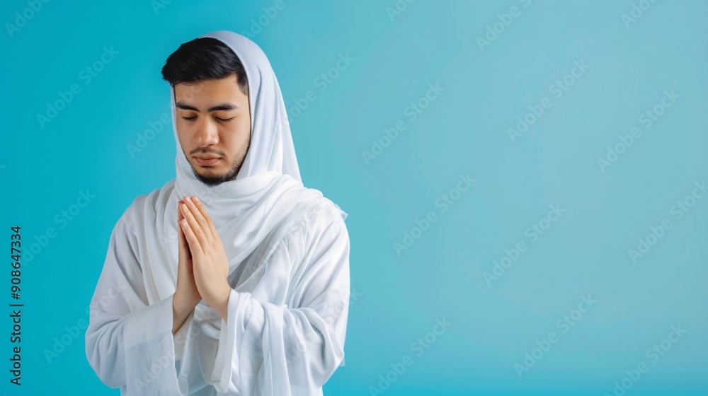 A young man of Asian descent, following the Islamic faith, dressed in ihram, demonstrating how to use it on a blue background. A young man of Asian descent, following the Islamic faith, dressed in ihram, demonstrating how to use it on a blue background.