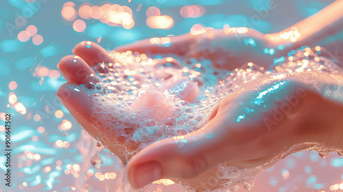 Hands lathered with soap, highlighting hygiene and disease prevention. AI generative. photo