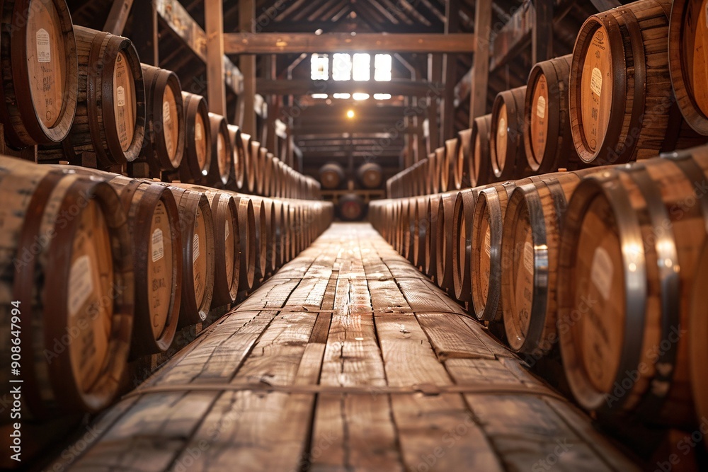 Maturing oak casks in aging warehouse Maturing oak casks in aging warehouse