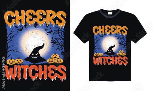 Cheers witches  - Halloween T Shirt Design, Hand drawn vintage illustration with lettering and decoration elements, prints for posters, banners, notebook covers with black background. photo