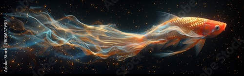 Panoramic banner with goldfish swims gracefully in a cosmic galaxy, its energy tail flowing like a mystical ribbon of light. fantasy and spirituality, captivating with glowing hues of orange and blue