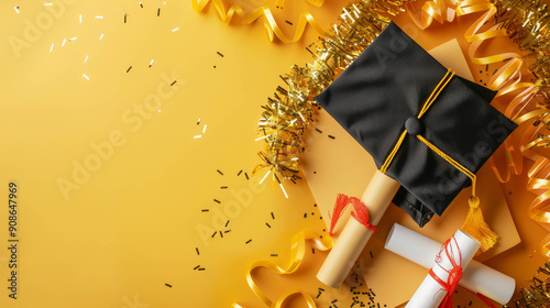 Graduation cap and diploma on white background. Flat lay, top view.Flat lay composition with graduation hat, students diploma, AI Generative photo