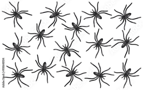 Halloween decorations. Spider background on a white background. Plastic spiders. Flat lay, top view.