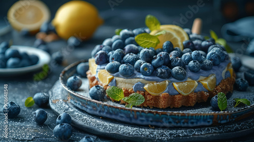 a heavenly scene featuring a blueberry lemon cheesecake with a buttery graham cracker crust and a burst of fresh blueberries. 8k, AI Generative photo