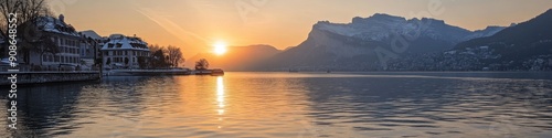 Serene Winter Sunset at Lake Annecy: Snow-Capped Peaks Embrace Tranquil Waters, Inspiring Alpine Getaways and Outdoor Adventures in Haute-Savoie's Natural Beauty. Ideal for Winter Tourism, Holiday Esc