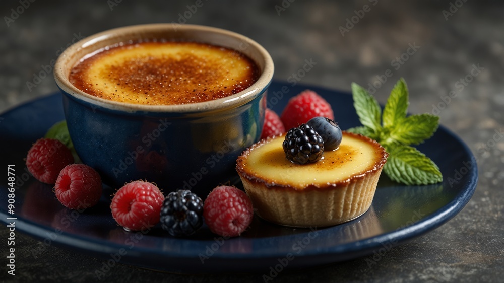 creme brulee on a dark blue ceramic plate creme brulee on a dark blue ceramic plate