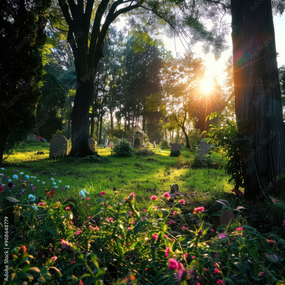 Obraz premium Peaceful forest cemetery with trees and flowers in the morning