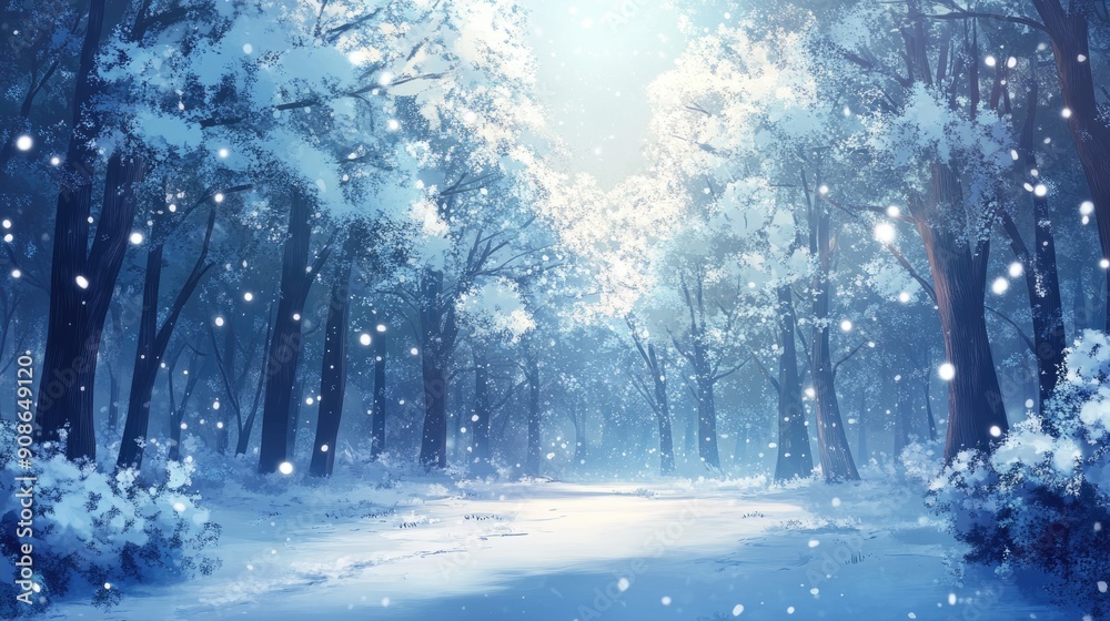 Anime winter forest scene, featuring snow-laden trees and a magical ambiance. Anime winter forest scene, featuring snow-laden trees and a magical ambiance.