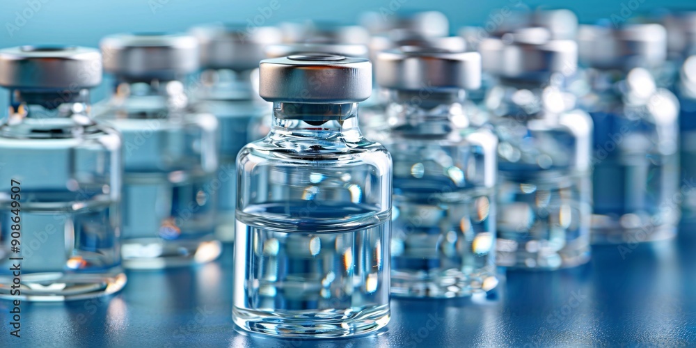 A collection of immunization containers. Medication in vials. Glass flasks for fluid specimens in lab. A collection of immunization containers. Medication in vials. Glass flasks for fluid specimens in lab.