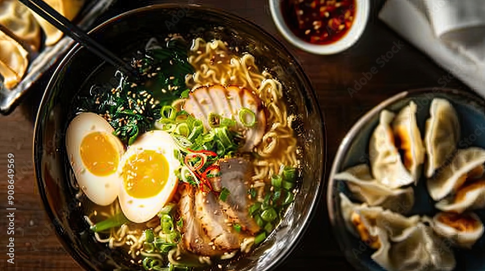 Delicious bowl of ramen featuring soft boiled eggs, sliced pork, and fresh herbs, served with dumplings and chili sauce.