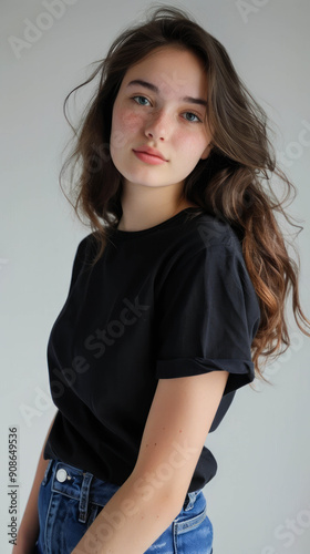 fashion photo, 24 year old girl facing the camera, complete body shot, in a photography studio with a pure white background, 80's hairstyle, AI Generative photo