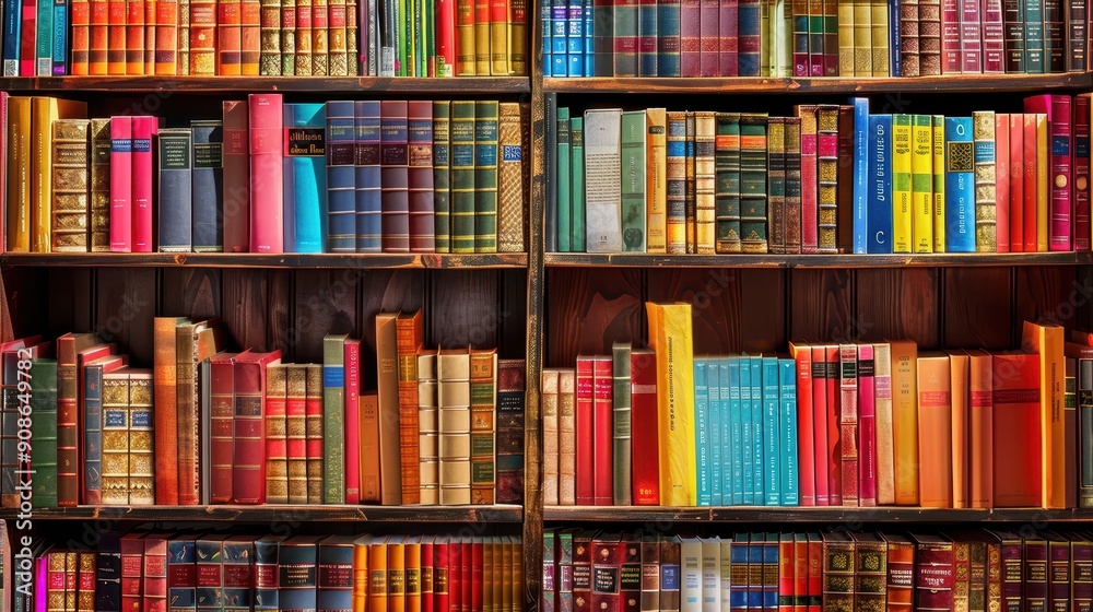 Colorful Bookshelf: Neatly Arranged Books of Various Genres in High Resolution Image Colorful Bookshelf: Neatly Arranged Books of Various Genres in High Resolution Image