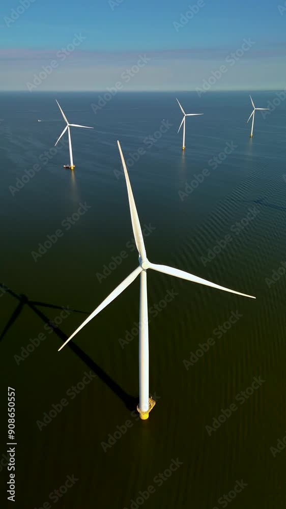 An aerial view beautifully showcases numerous windmills and turbines dotting the tranquil Dutch landscape, emphasizing the vital role of renewable energy within this breathtaking natural environment