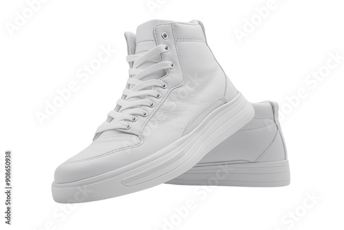 Classic White High Top Sneakers.Clean and minimalist white high top sneakers, perfect for a casual and stylish look. On transparent background. Generative ai illustration. photo