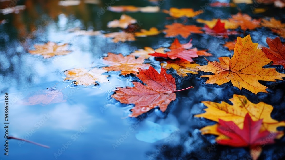 Autumn leaves in vibrant colors, floating on a serene pond. Autumn leaves in vibrant colors, floating on a serene pond.