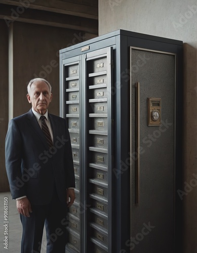 A business professional accessing a secure safe located within a corporate office environment