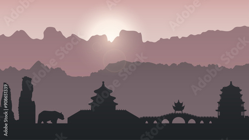 China. Silhouette of mountains, Chinese architecture, top attractions and sights. Temple of Heaven, Summer Palace, panda, avatar mountain. Morning twilight. Vector background. Travel illustration